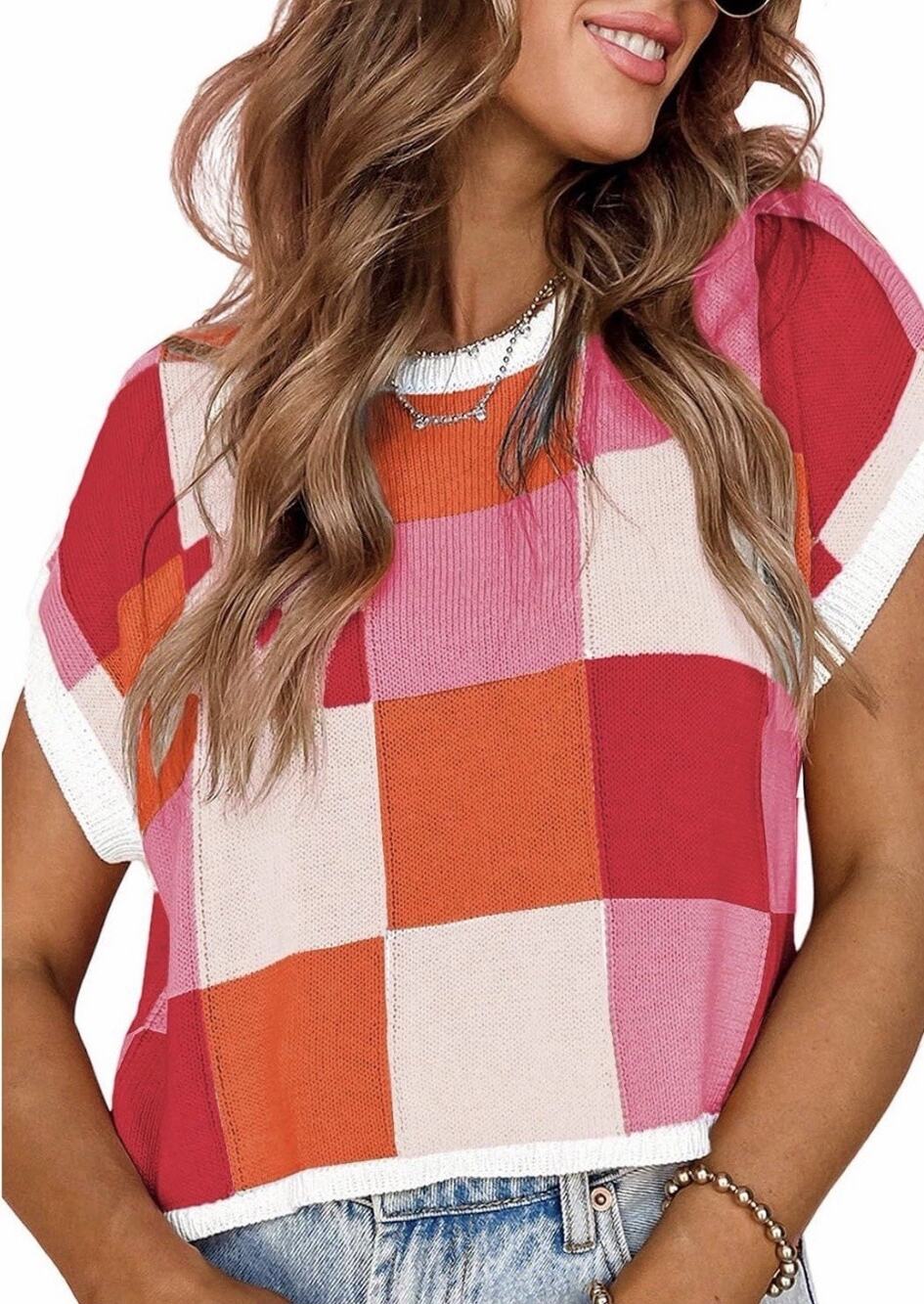 Women’s Checkerboard Knit Crop Top – Cap Sleeve Color Block Sweater Pink M